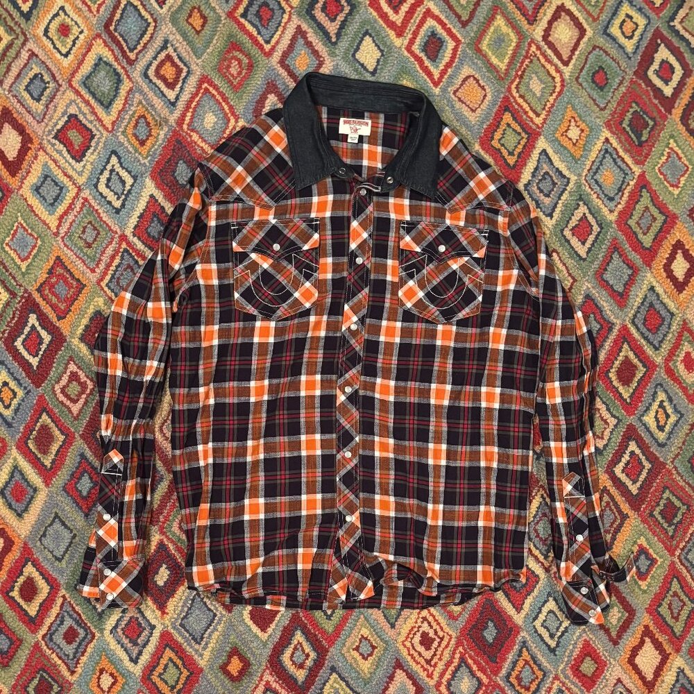 True Religion Orange, Black & Red Flannel Button-Up - Size 2XL